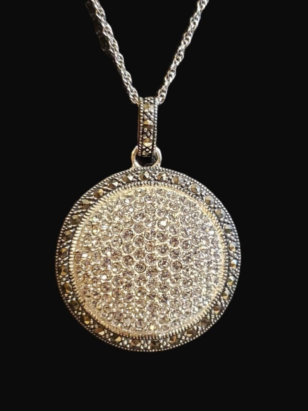 Lavish by TJM Sterling Silver Marcasite CZ Dome Pendant Necklace NIB 925
